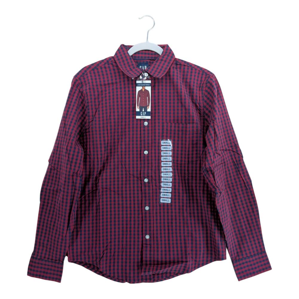 Gap Poplin Shirt Mens Small Merlot Navy Plaid Long Sleeve Button Down Checkered
